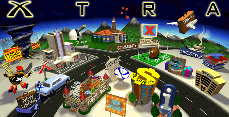 A 1990s 3d rendering of a city with various buildings representing the different navigation options, such as an introduction for 'New Users', Theme Park, Entertainment, Community, Computing, Lifestyle, Search, 'XTreme, News, Sport, Business, Shopping, Education and Reference, and New Releases. Each topic is a link in an image map.